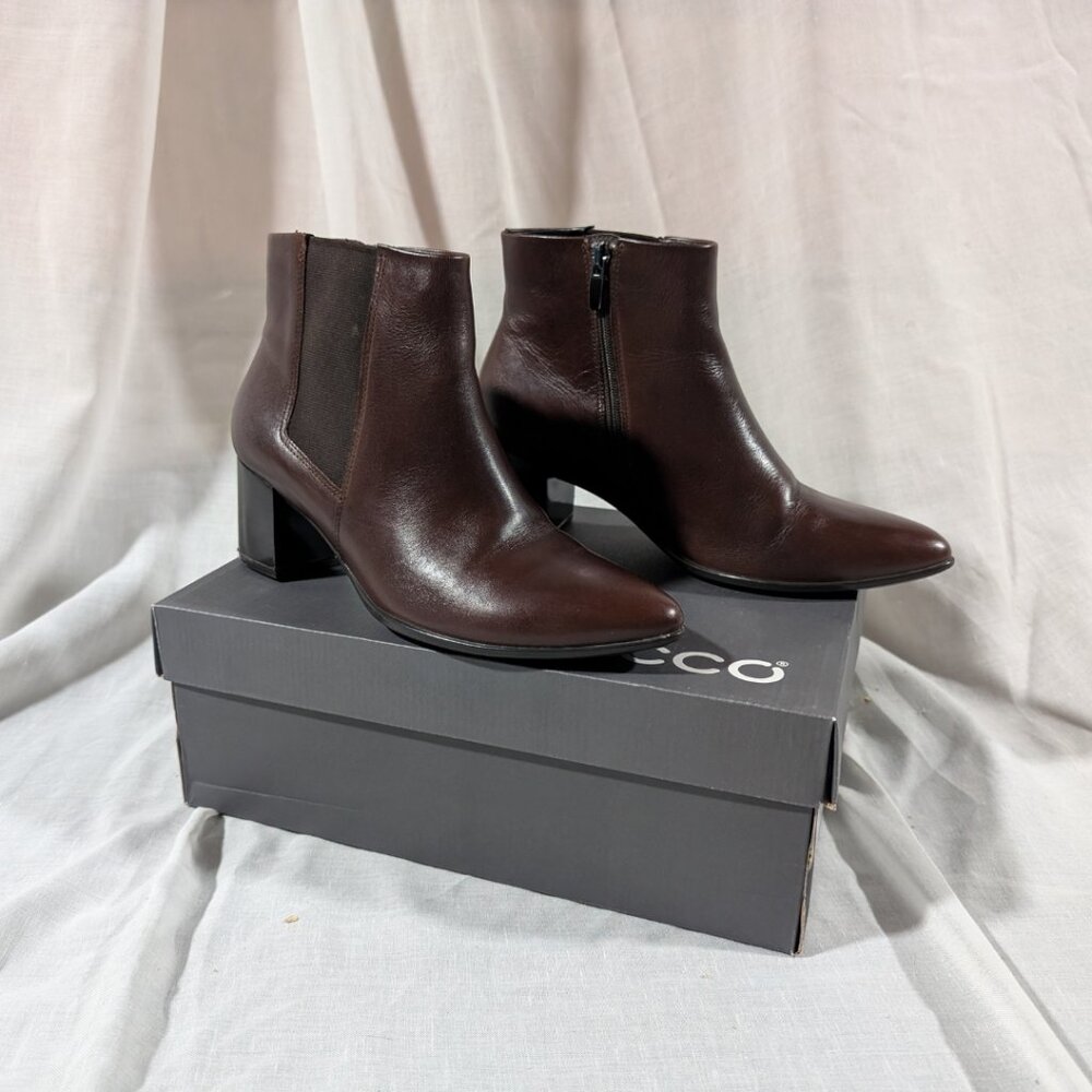 ECCO Pointy Brandy Coloured Ankle Boots With Zipper Block Heel Women's 7 - 7.5